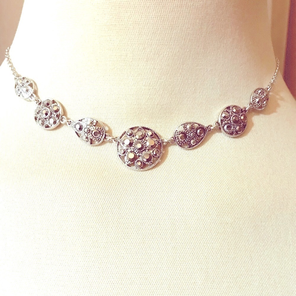 Marcasite vintage gray crystal studded choker necklace NEW - Picture 2 of 7